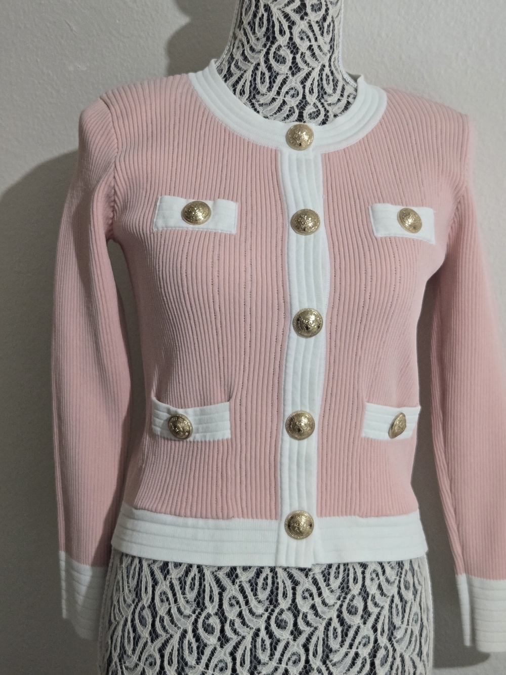 Balmain Pink Knit Cardigan with White Trim and Gold Buttons
